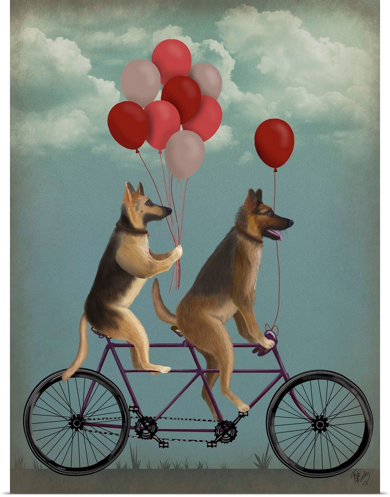 Decorative artwork of two German Shepherds riding on a purple tandem bicycle with red, pink, and white balloons.