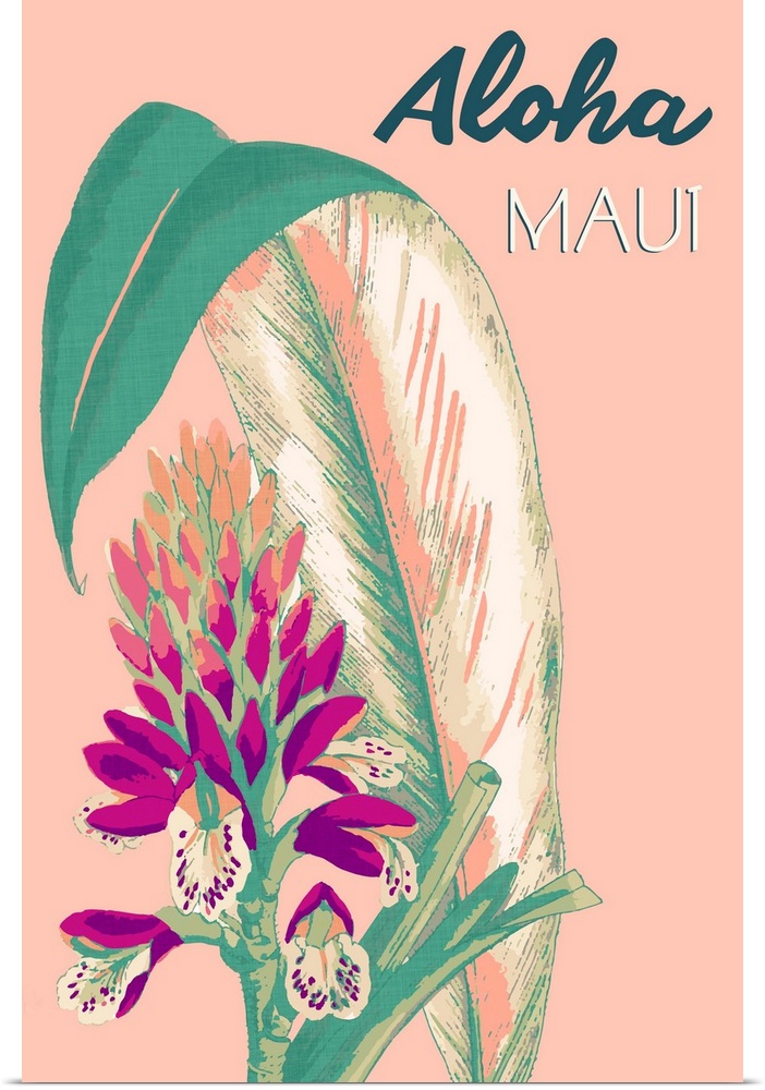 Bright contemporary floral painting with text, "Aloha Maui."