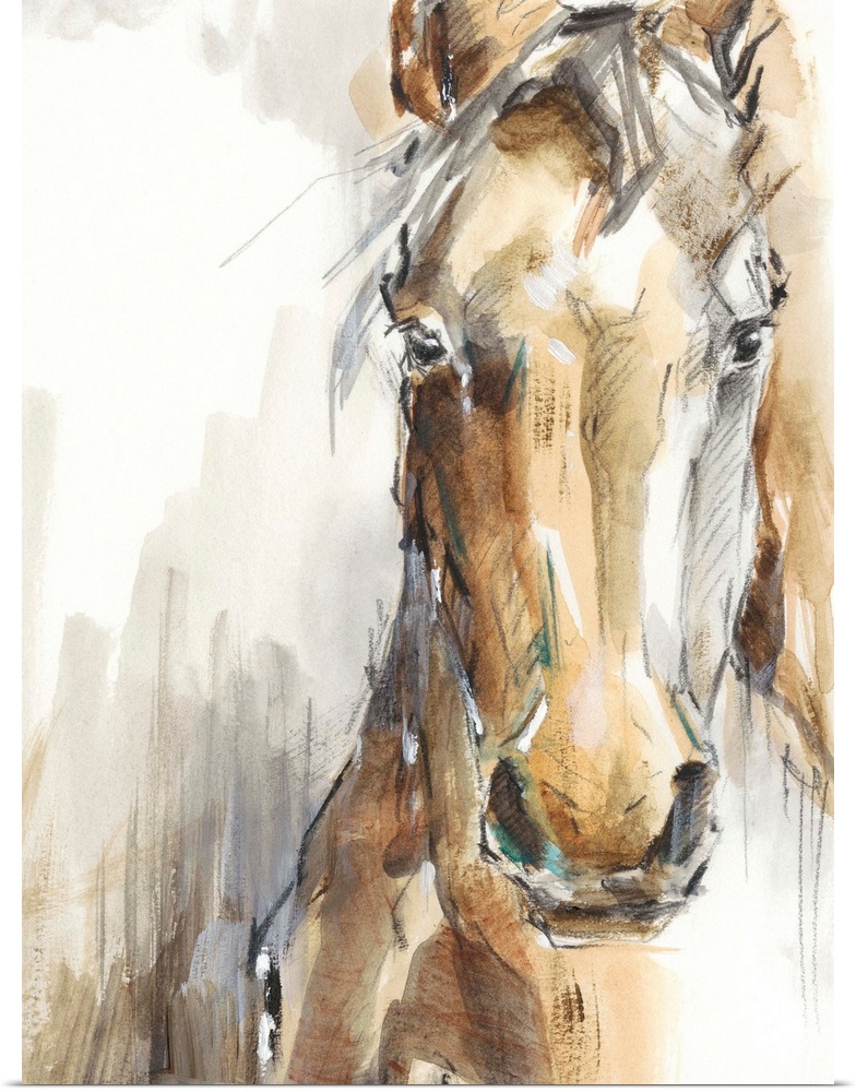 Beautiful artwork of a tan horse in a loose, sketchy, watercolor style. This elegant image would compliment a farmhouse or...