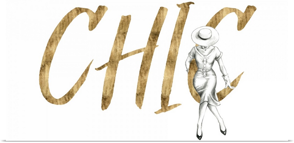 A pencil drawing of a fashionista accentuates gold colored letters that spells out: Chic, on a white background.