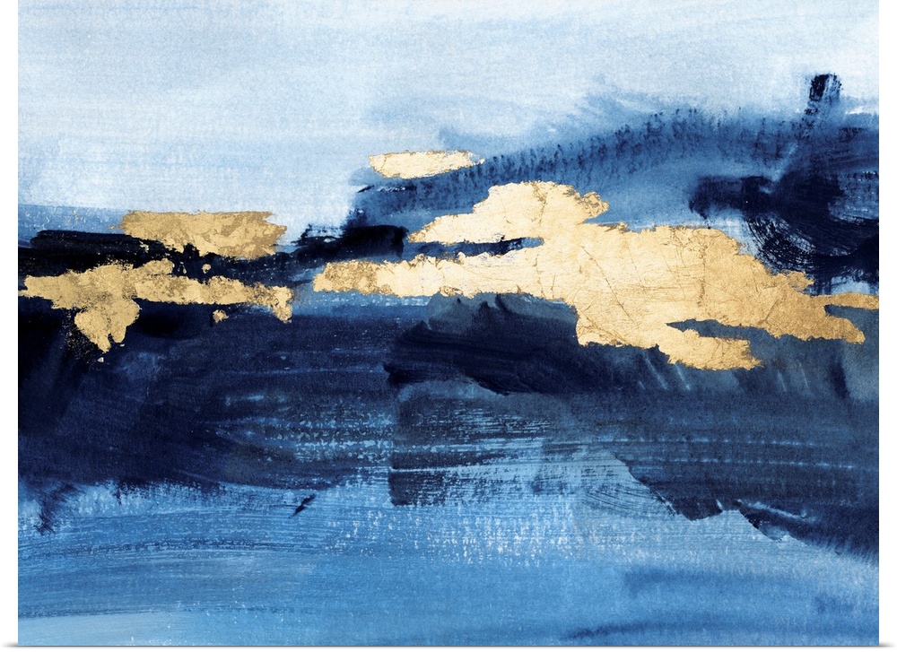 A strong, contemporary  abstract landscape in shades of cobalt and indigo accented with gold