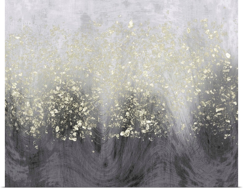 Abstract painting of horizontal wavy brush strokes of gray,with dark shades on the bottom, and overlapping specks of gold.