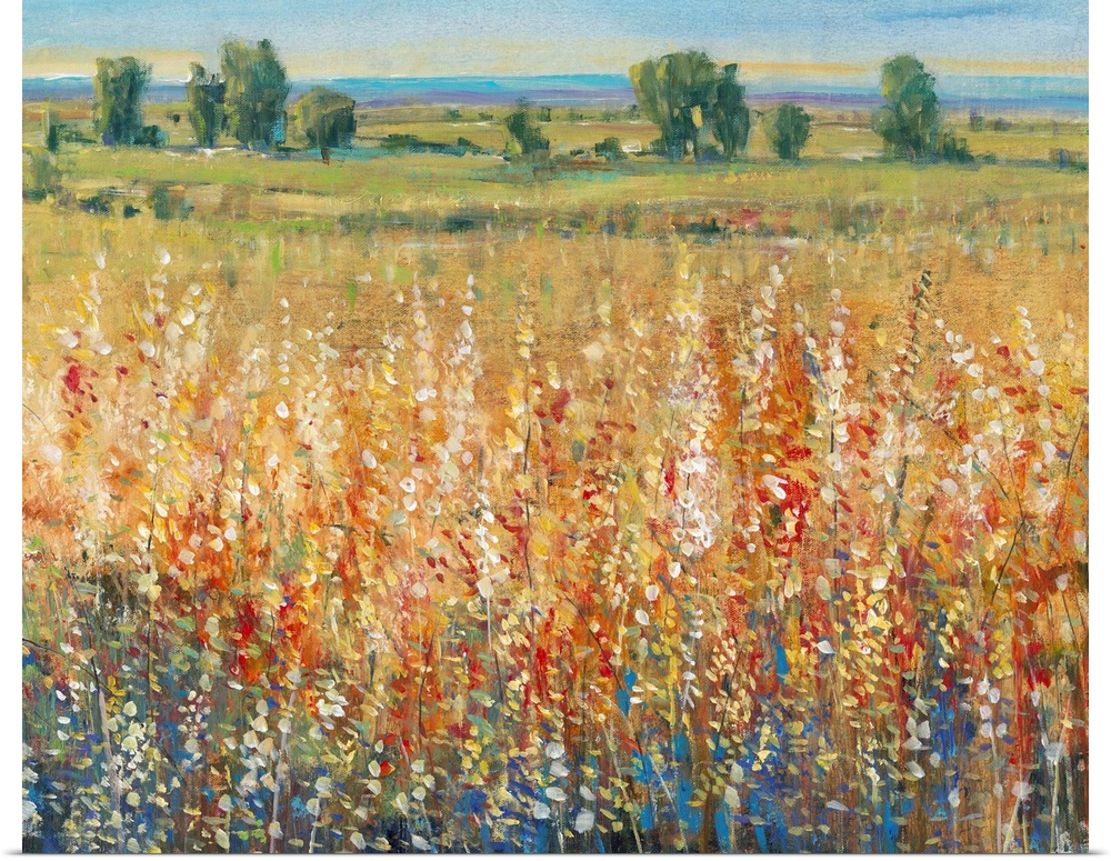 Contemporary artwork of a field of yellow and red flowers with a green meadow in the distance.