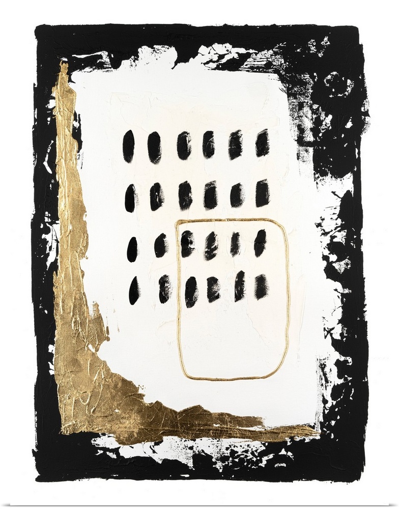 A high impact contemporary painting featuring black and white shapes accented with gold