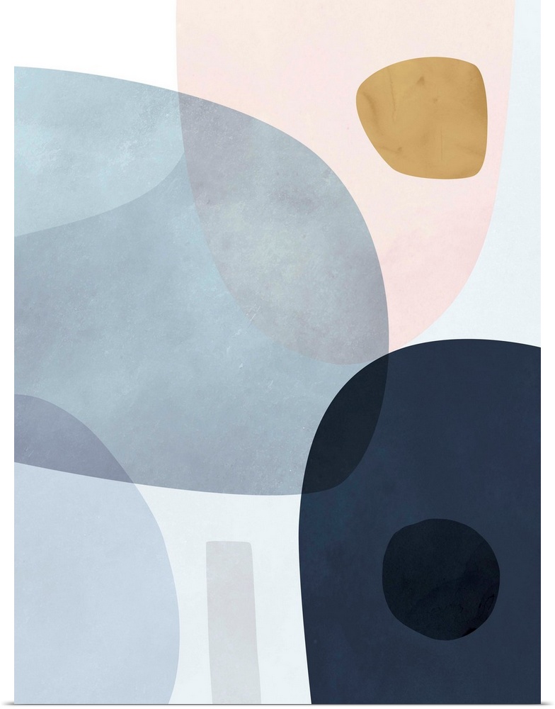 Contemporary abstract painting with large shapes in blue and pink.