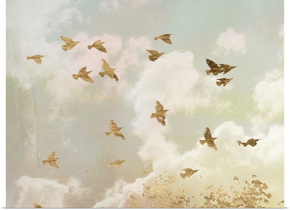 Gold birds in flight in a cloudy sky with bright sunlight.