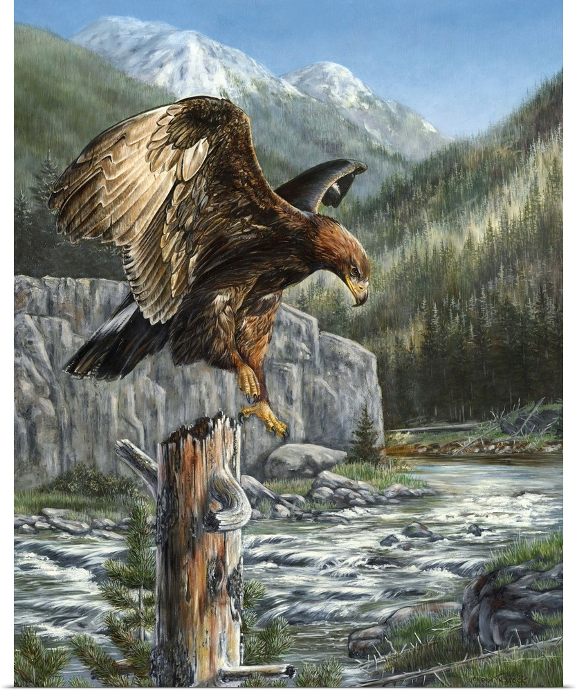 Contemporary painting of a golden eagle perched atop a dead tree.