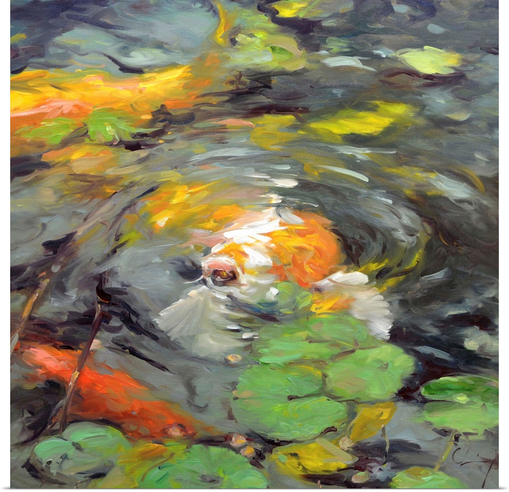 Contemporary painting of koi in a pond.