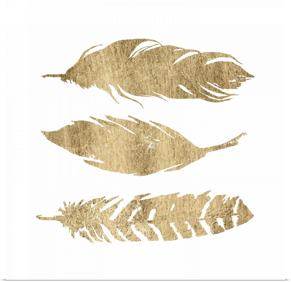 Three golden feathers on white.