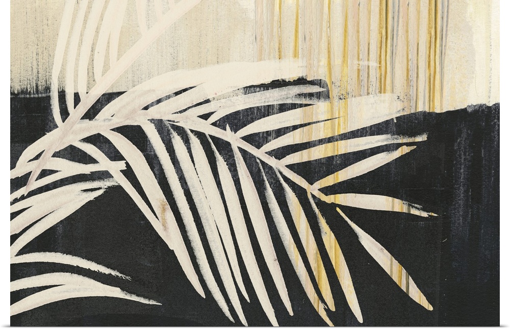 Horizontal artwork of large palm leaves in beige tones with gold accents on black.