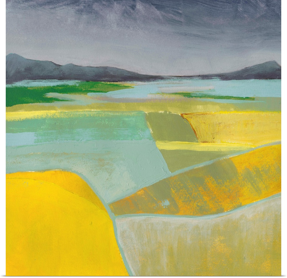 Abstract landscape painting using vibrant yellow in the foreground of the image.