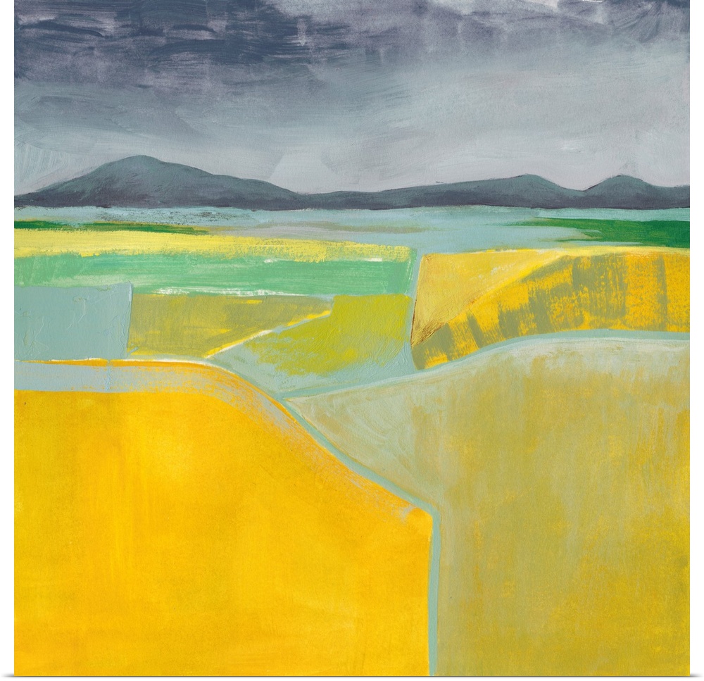 Abstract landscape painting using vibrant yellow in the foreground of the image.