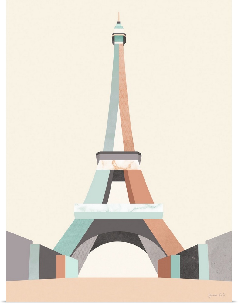 Minimalist geometric artwork in blue and coral of a stylized Eiffel Tower.