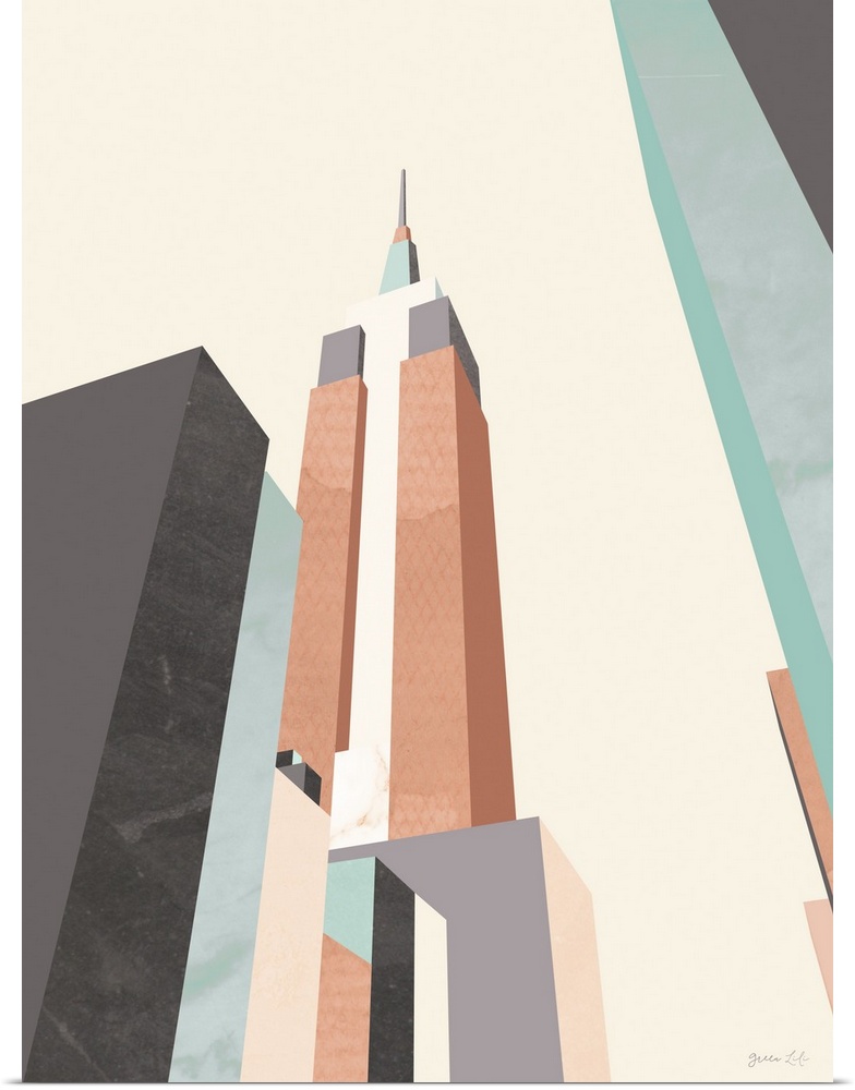 Minimalist geometric artwork in blue and coral of a stylized Empire State Building.