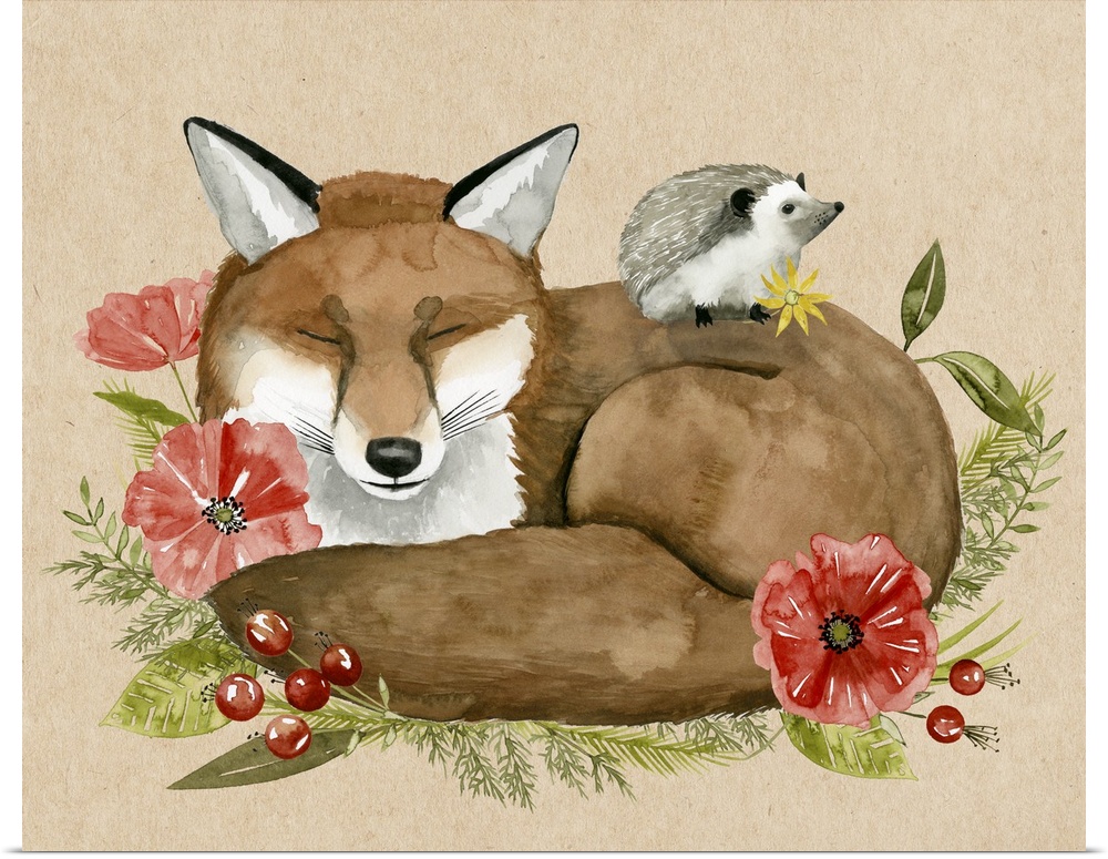 Whimsical painting of a hedgehog sitting on top of a resting fox, surrounded by red flowers and berries,