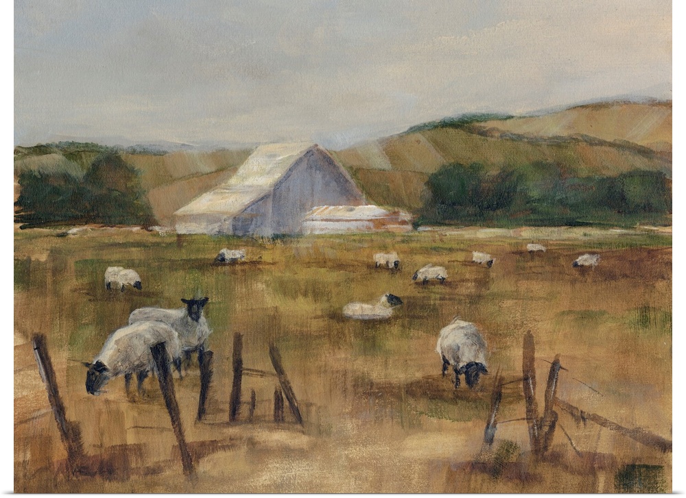 Contemporary artwork of a flock of sheep near a white barn in low afternoon light.