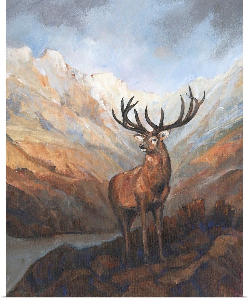 Portrait in the traditional style of a majestic red deer in the mountains, reminiscent of the painting 'Monarch of the Gle...