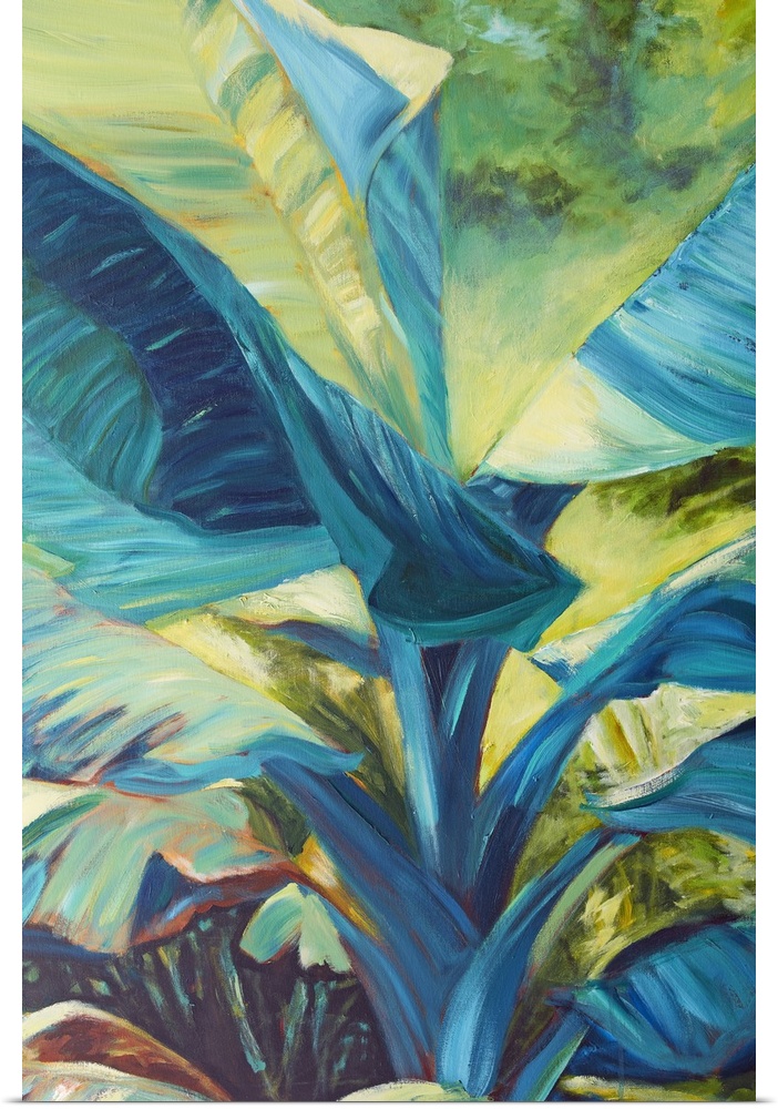 Vibrant colors and energetic brush strokes create youthful, tropical leaves in this contemporary artwork.