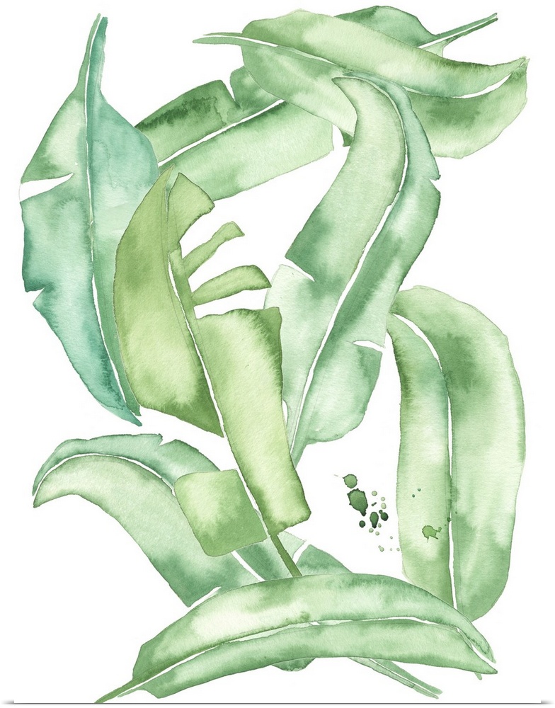 This contemporary artwork features playful green watercolor leaves against a white background with an area of green droplets.