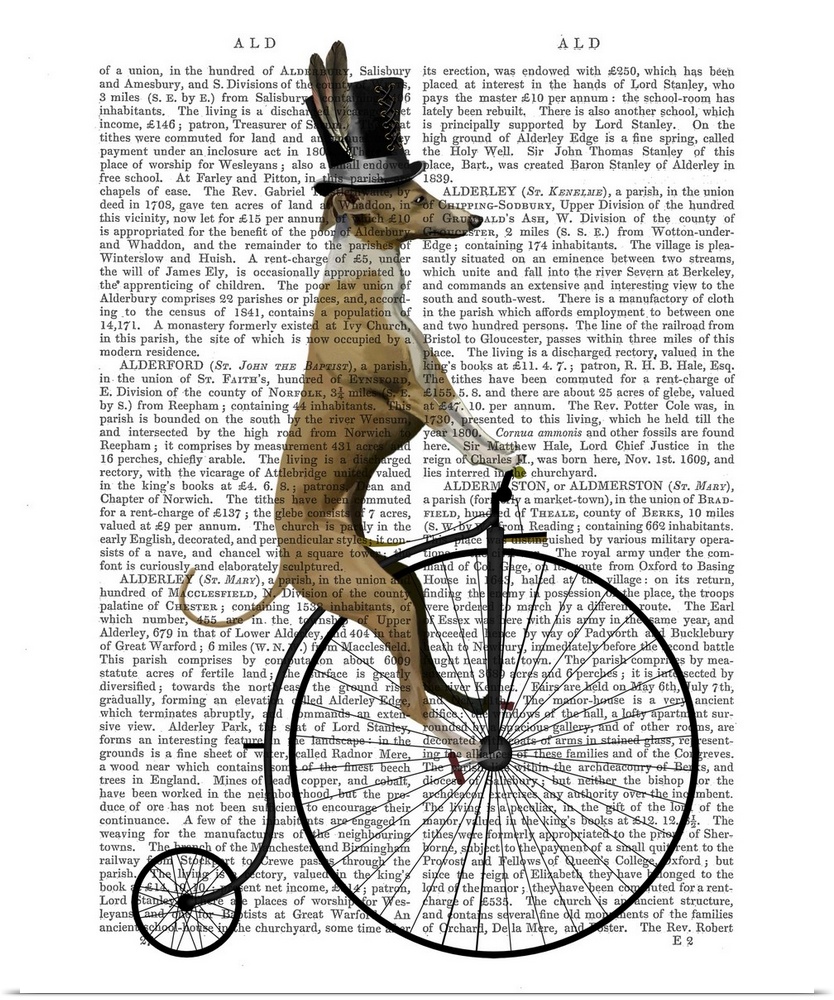 Humorous illustration of a greyhound riding a bicycle painted over a vintage dictionary page.