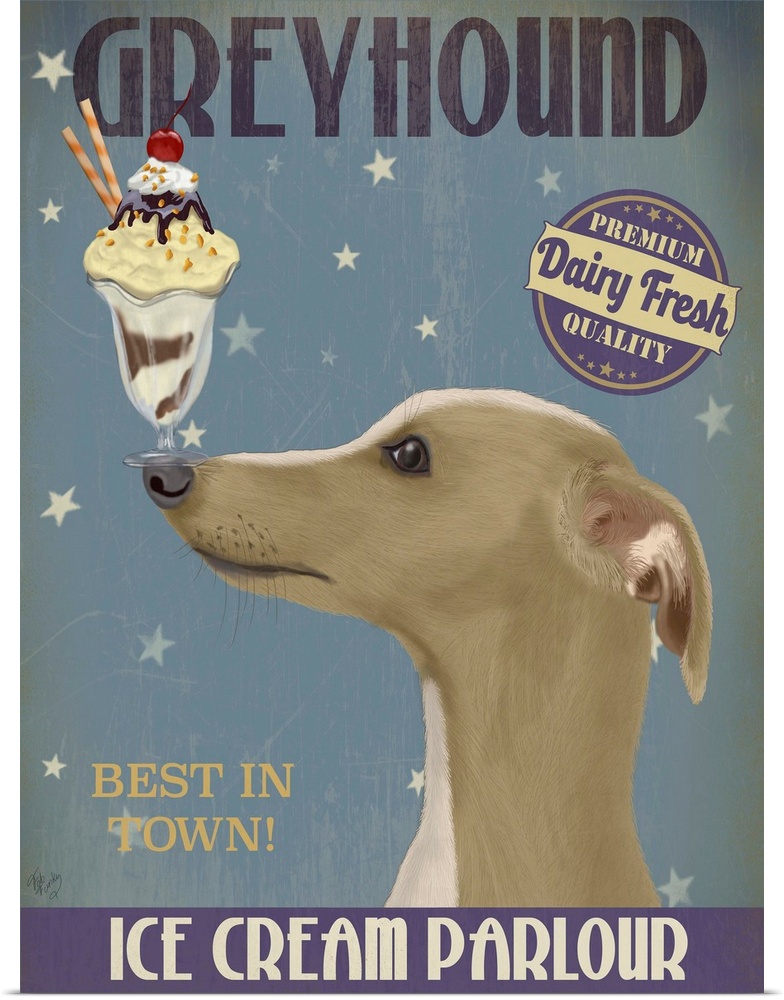 Decorative artwork of a Greyhound balancing an ice cream sundae on its nose in an advertisement for an ice cream parlour.