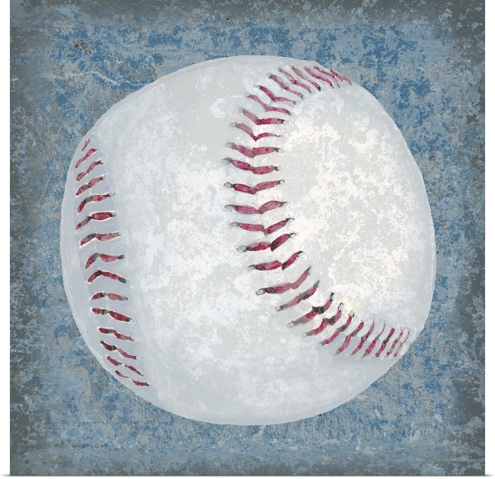 Square sports decor with an illustration of a baseball on a blue, and gray textured background.