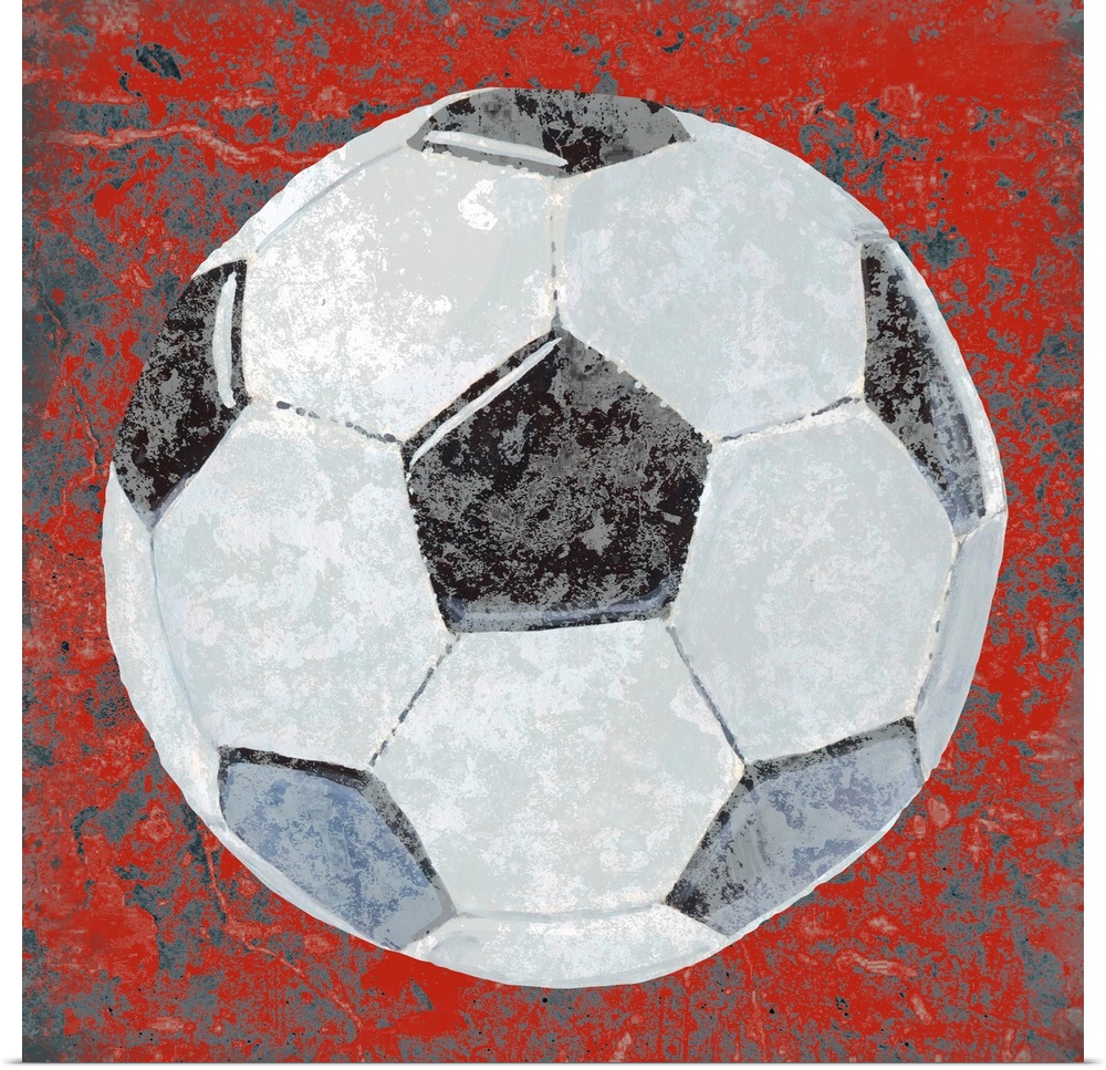 Square sports decor with an illustration of a soccer ball on a red and gray textured background.