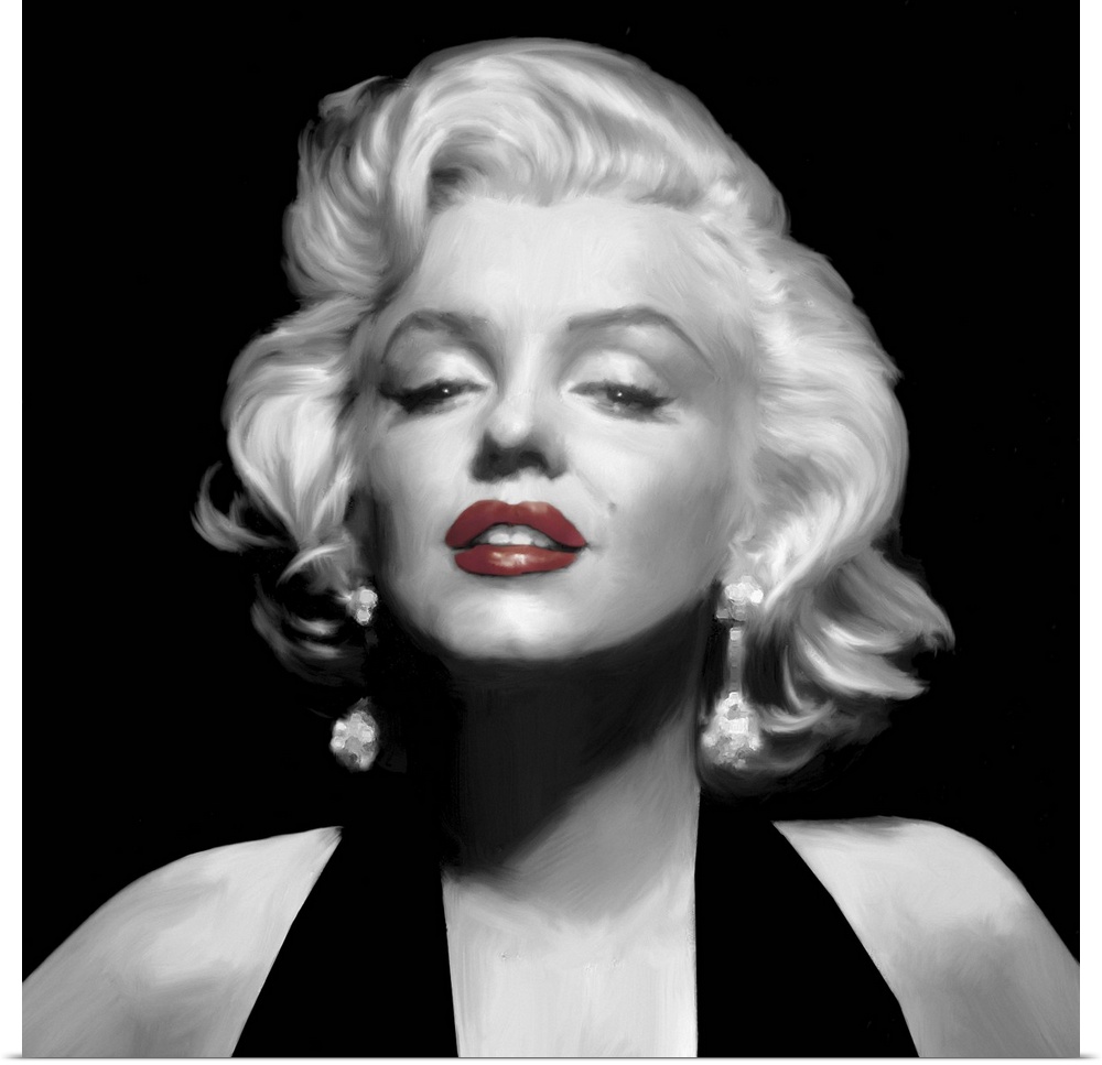 Black and white image of Marilyn Monroe with red lipstick.