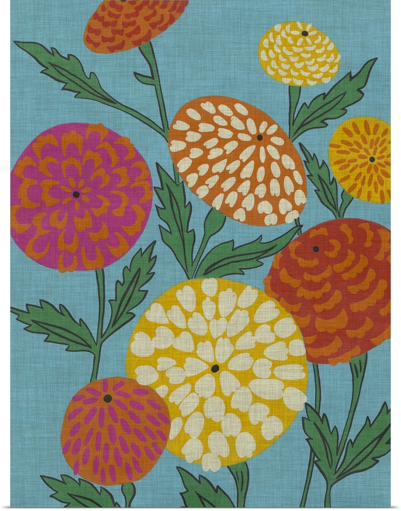 Retro poster style flowers in pale colors against a blue background