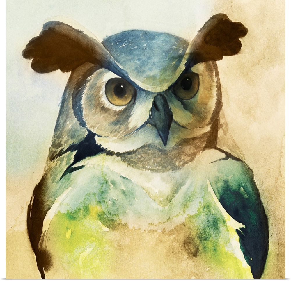 Watercolor painting of an owl in pale and vibrant green tones.