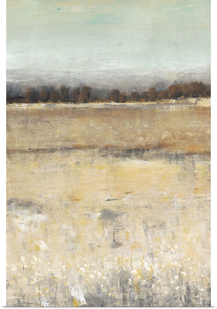 Contemporary painting of a meadow with a forest at the edge.