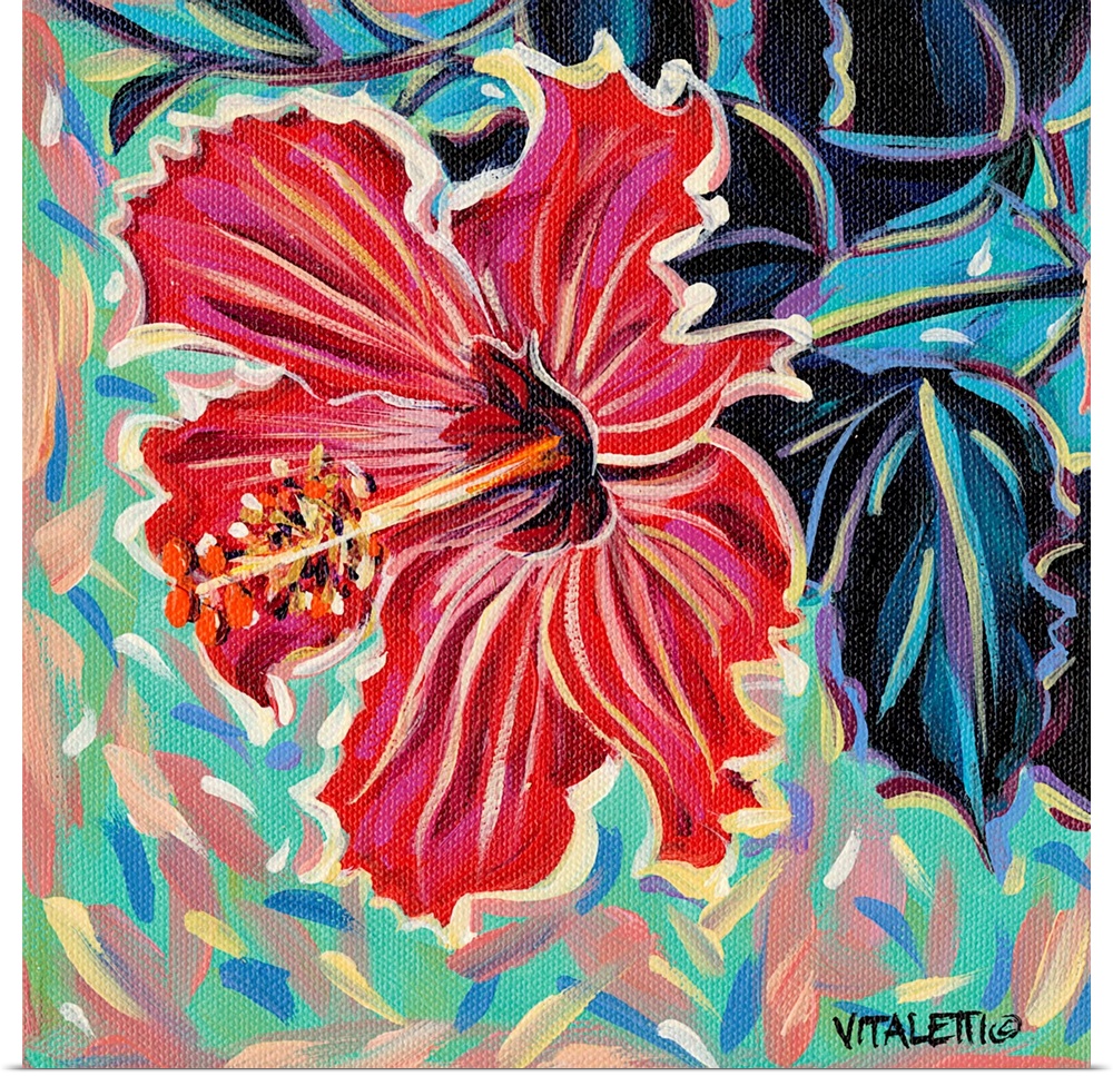 Square painting of a red tropical hibiscus flower on an abstract background made with pastel colors.