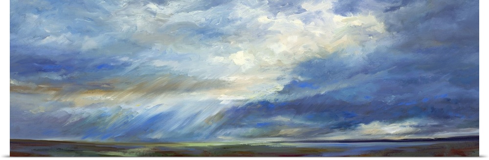 Contemporary painting of pastel clouds over a quiet landscape.