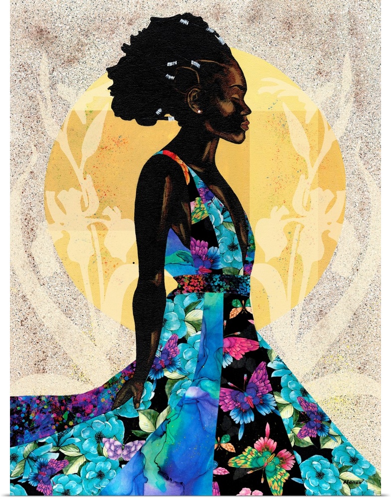 A stunning contemporary portrait of a Black woman in a blue floral dress against a neutral colored background