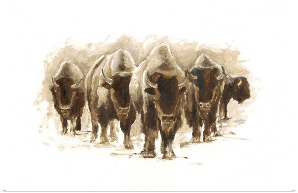 Contemporary painting of a heard of bison.