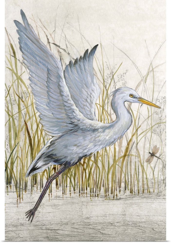 Contemporary artwork of a heron about to take off into flight.