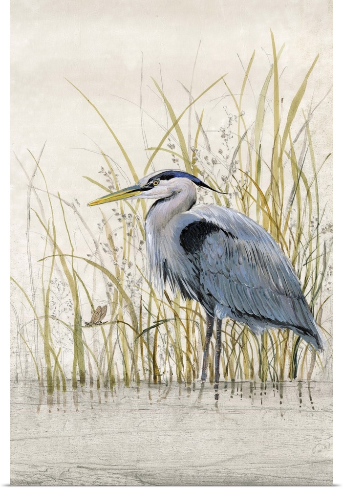 Contemporary artwork of a heron standing in shallow water among tall grass.