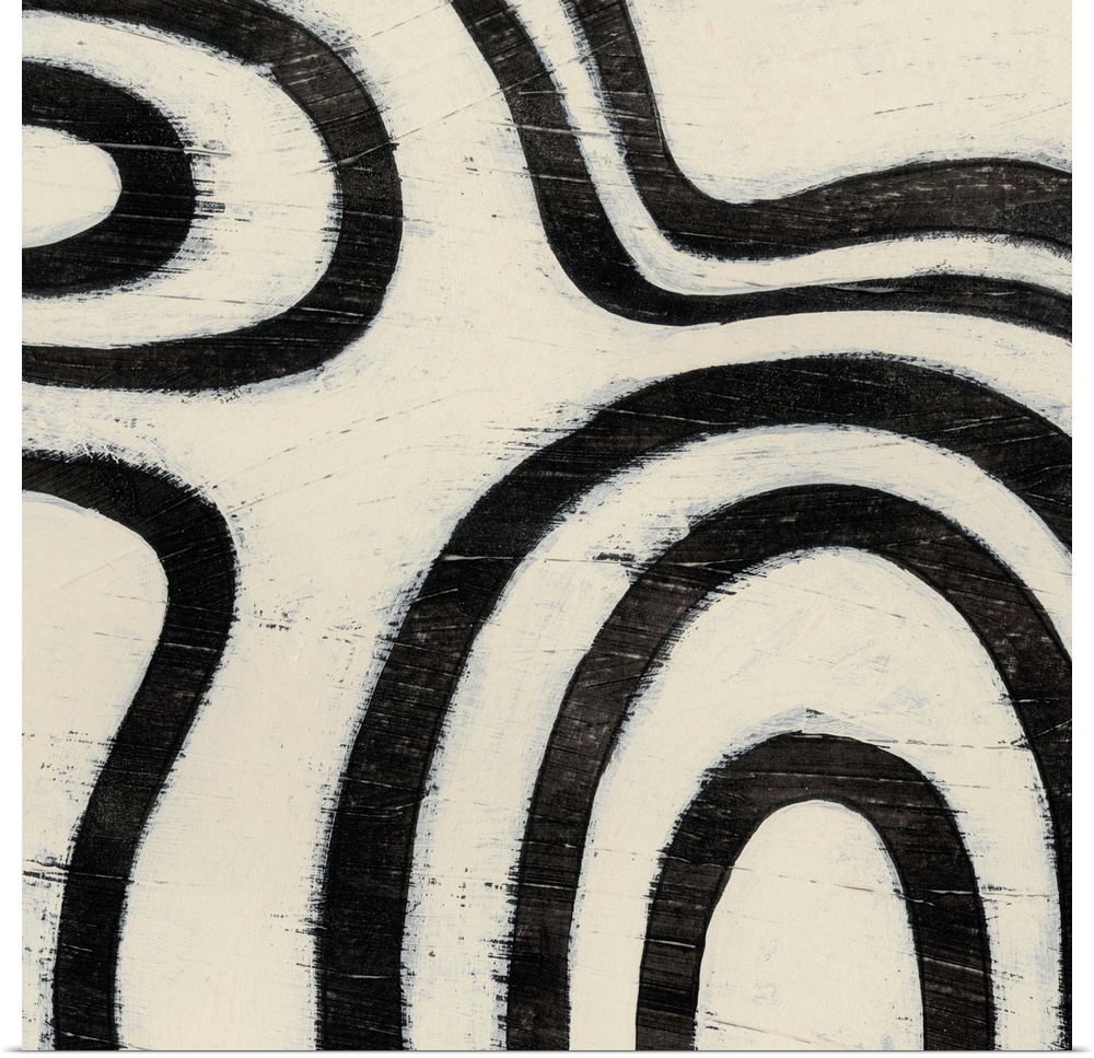 Black and white abstract artwork made of curved lines.