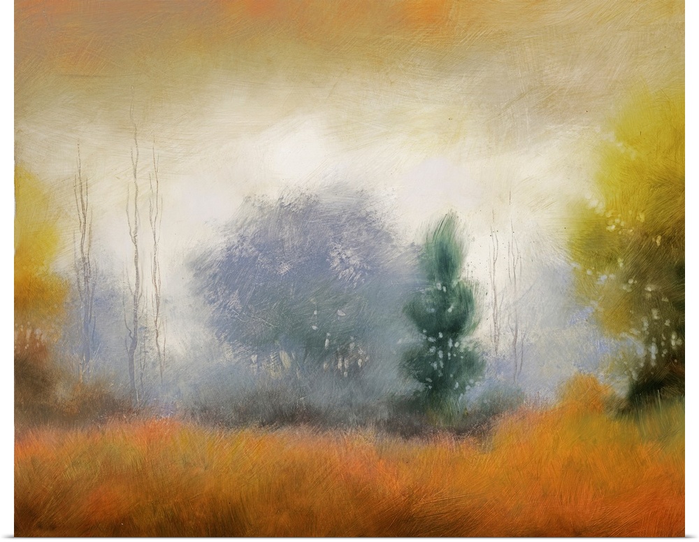 Dreamy painting of a misty forest in the fall.
