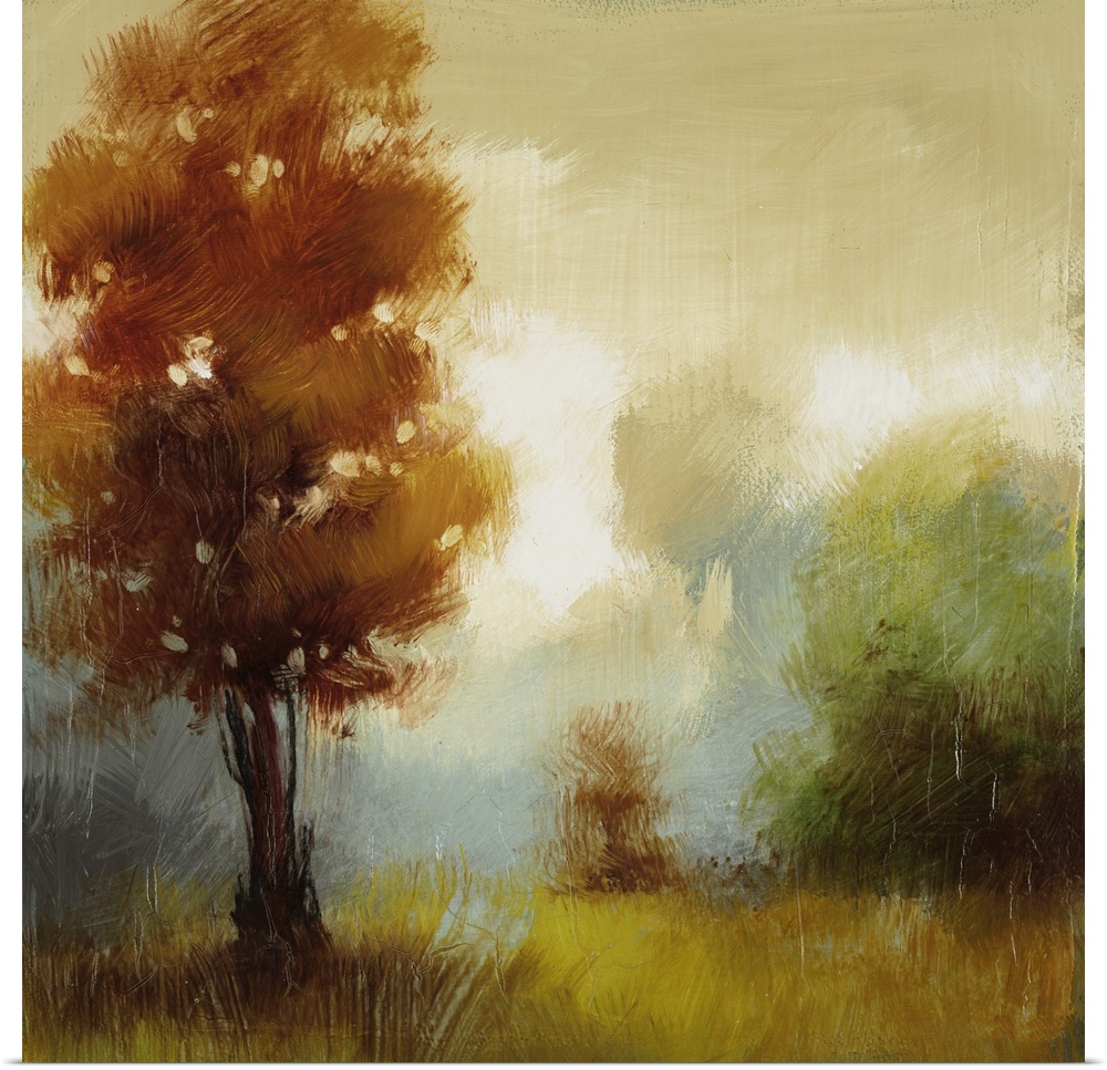 Contemporary painting of several trees in fall colors in a foggy field.