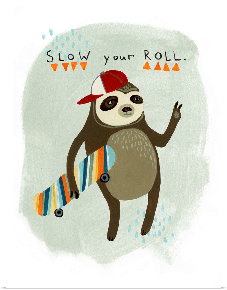 Fun children's artwork of a hipster sloth with a skateboard and backwards cap.