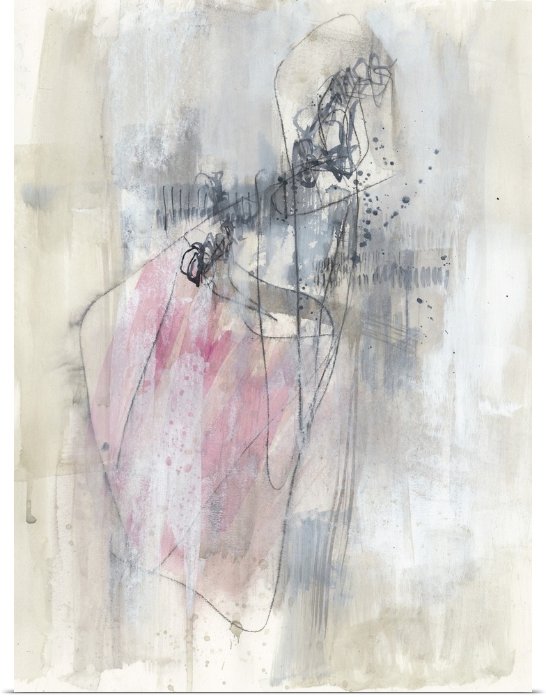 Contemporary abstract painting in neutral tones with hints of pink.