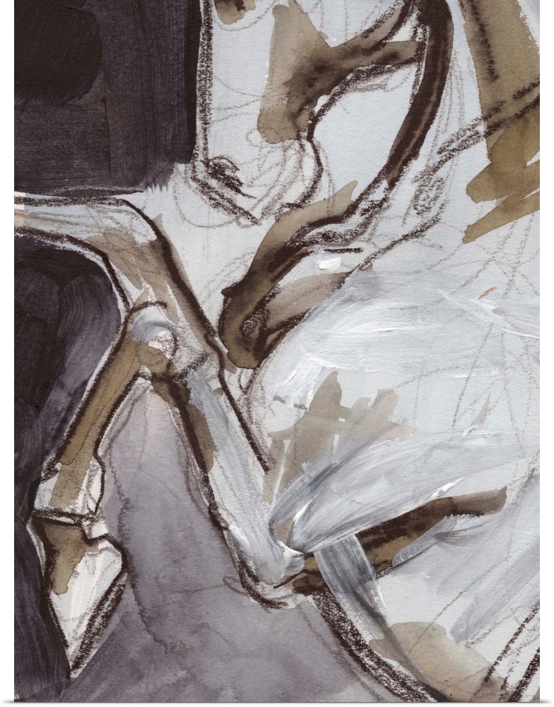 Abstract figurative painting of the close up view of a horse done in brown and white paint with sketched black lines overl...