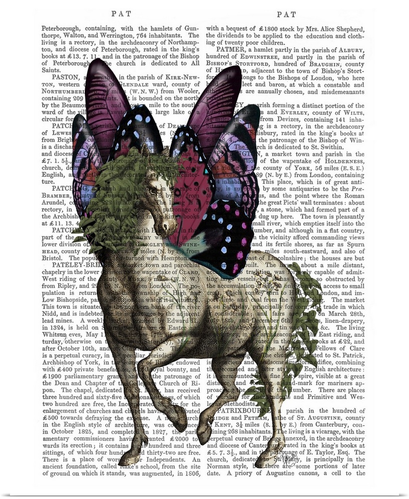 Decorative artwork of a horse with butterfly wings painted on the page of a book.