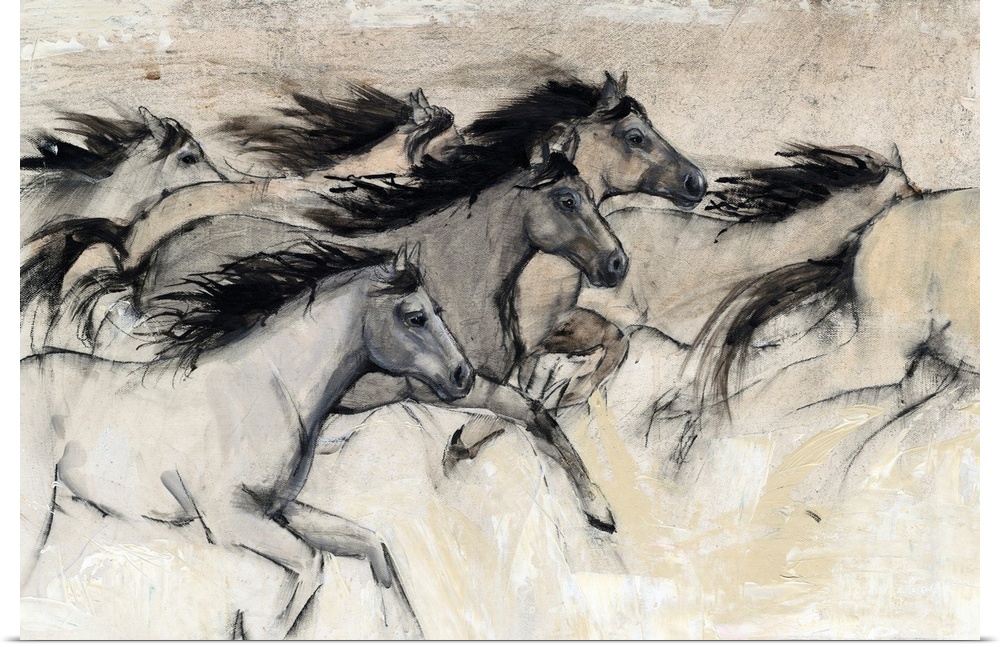 Contemporary artwork of a herd of horses galloping at fast pace.