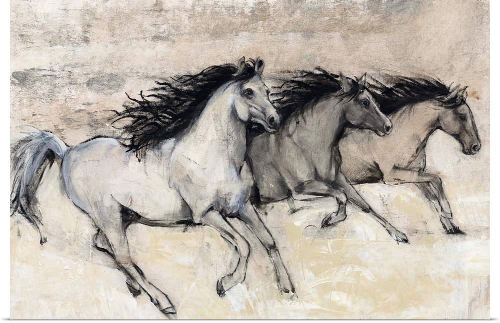 Contemporary artwork of a herd of horses galloping at fast pace.