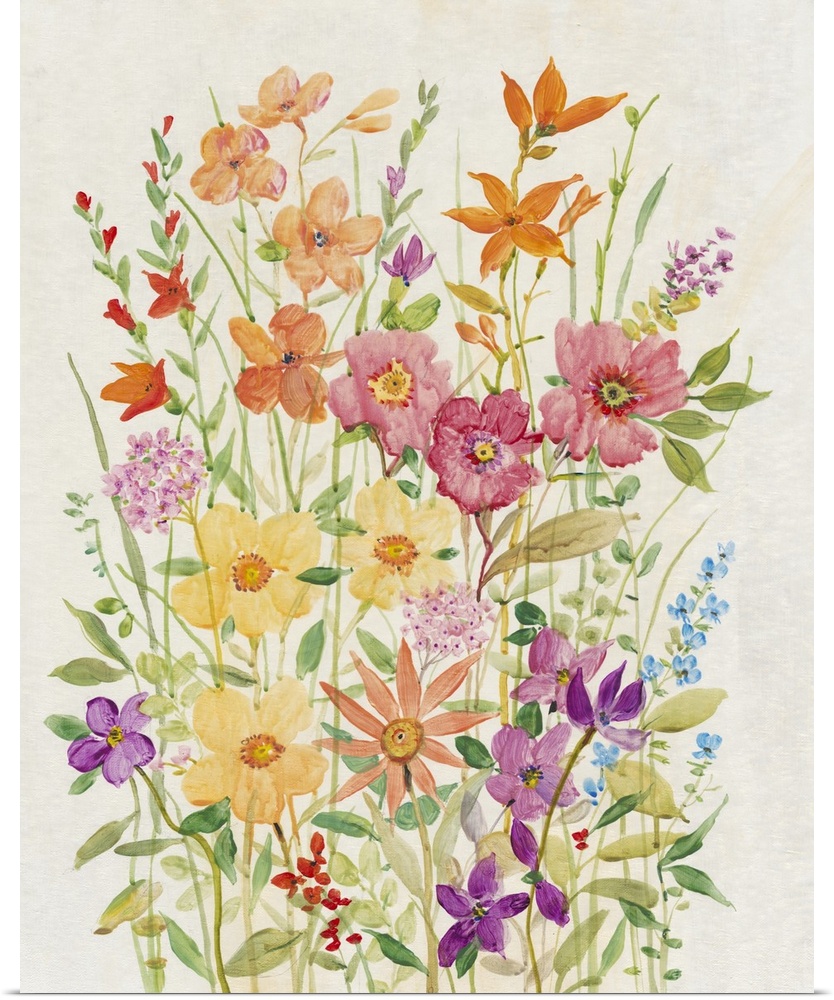 A charming painting of  vibrant, warm colored wild flowers in a summer garden.