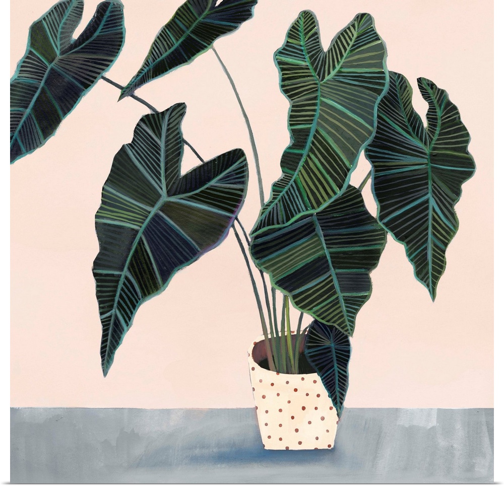 Modern painting of a leafy houseplant in a cream colored pot with spots on a muted blue and cream backdrop.