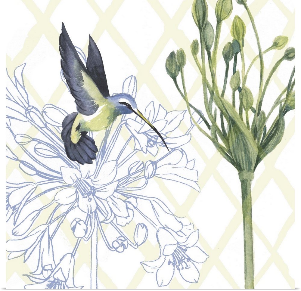 Floral painting with a hummingbird and a white patterned background.