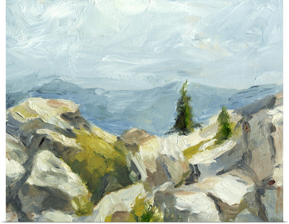 Contemporary painting of boulders on hillside under a blue sky.